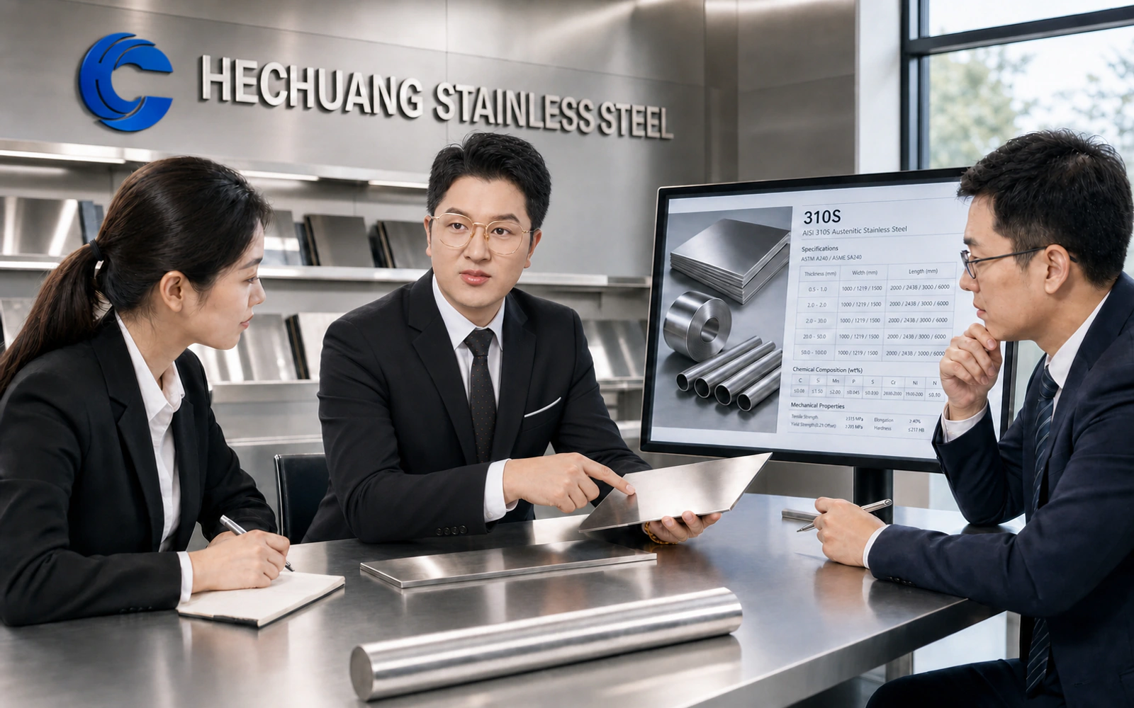 Wang Ruijun of Kongfang Metal Group in a Hechuang Stainless Steel material-review setting