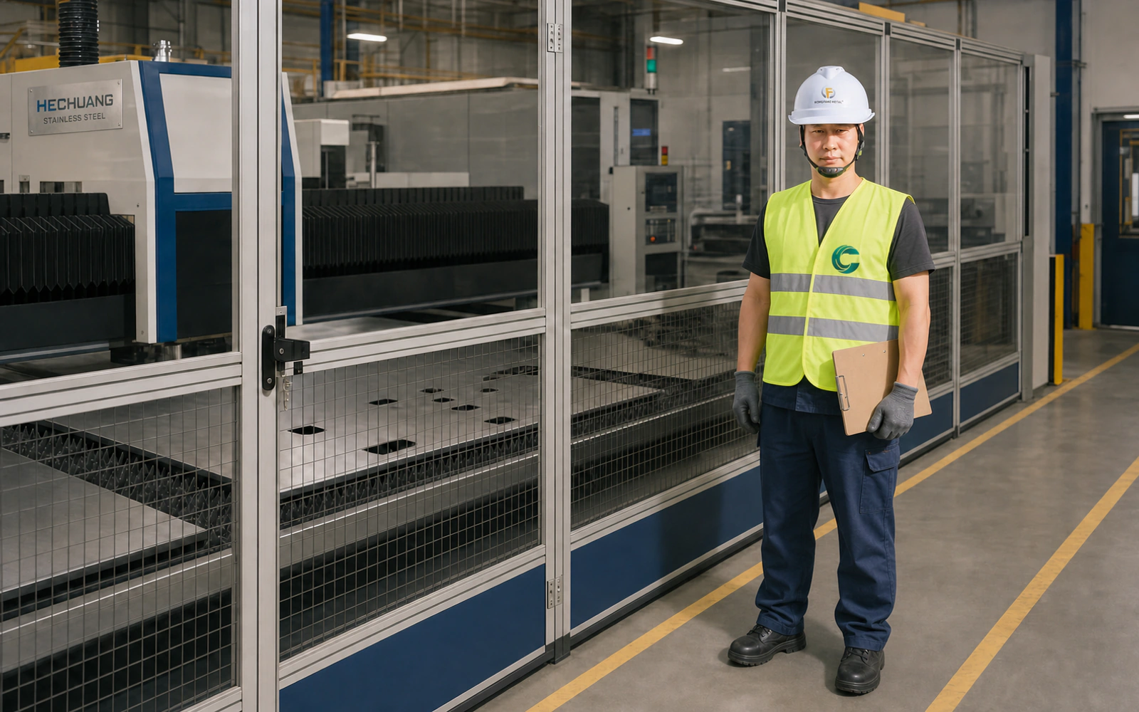 Xie Huakun of Kongfang Metal Group beside a stainless-steel processing line