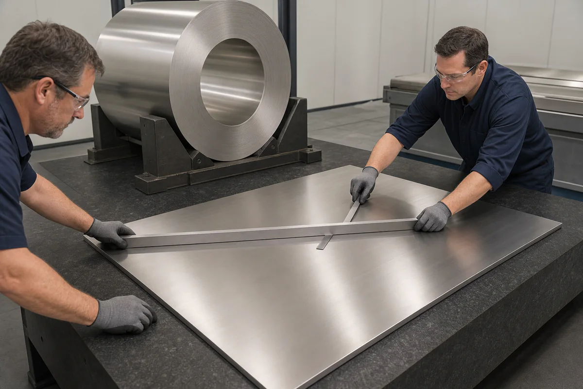 Two inspectors checking stainless plate flatness with a straightedge and feeler blade beside a supported coil