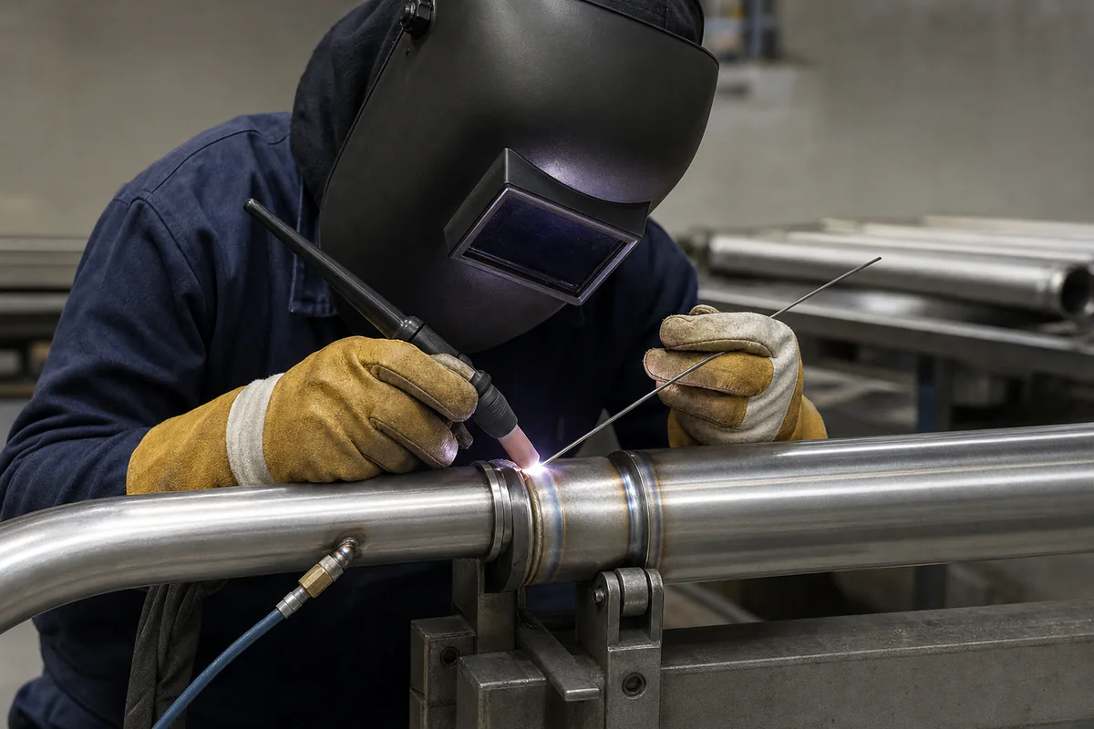 Welder performing controlled TIG welding on a supported stainless radiant-tube joint