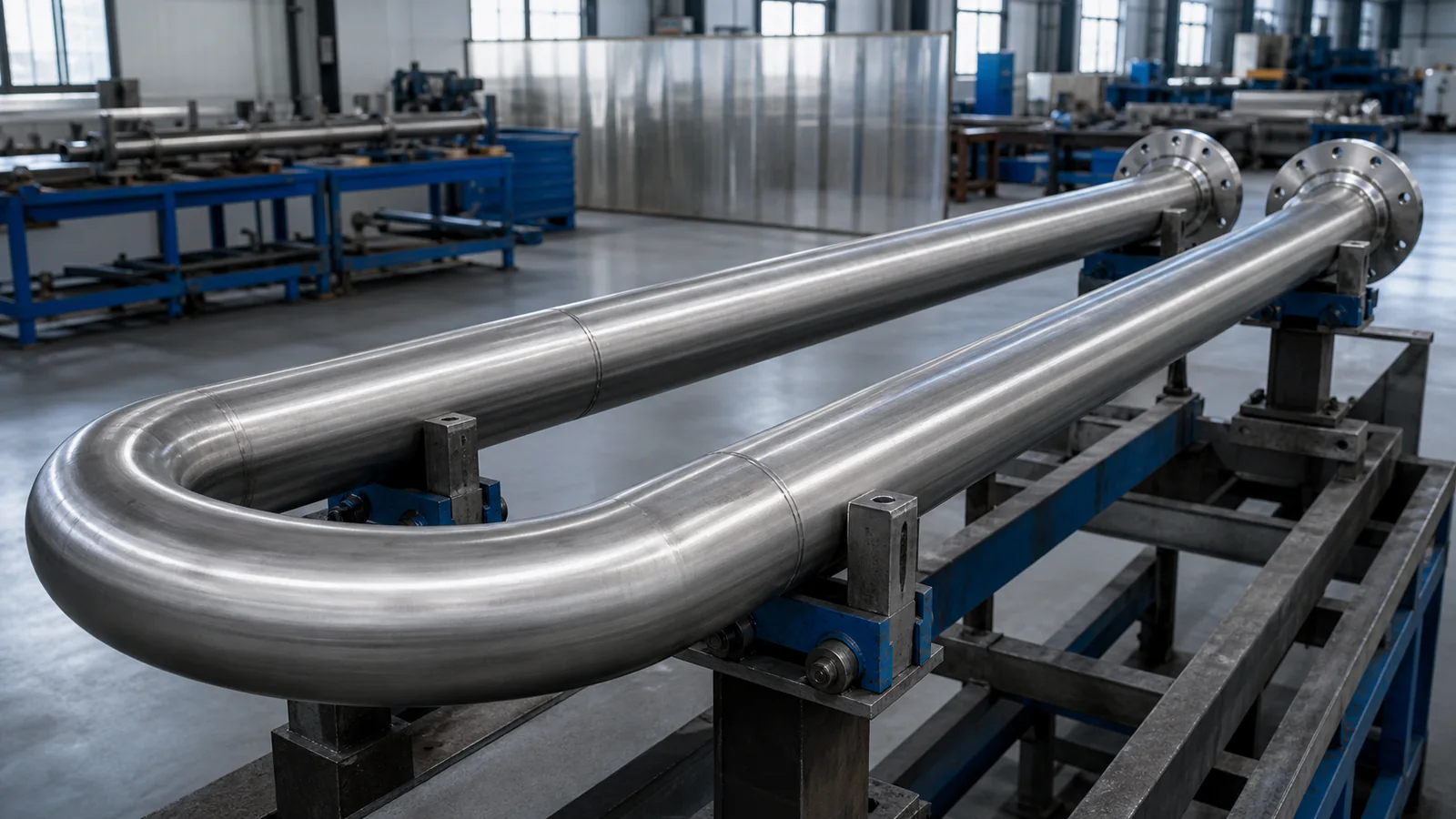 Supported U-shaped stainless radiant-tube assembly in a clean fabrication workshop