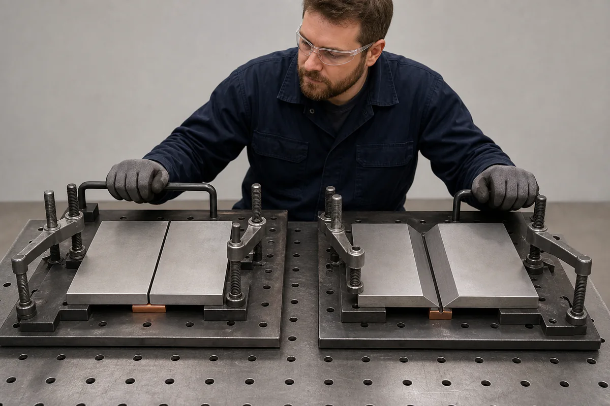 Fabricator comparing square-edge and beveled stainless plate fit-ups in separate rigid fixtures