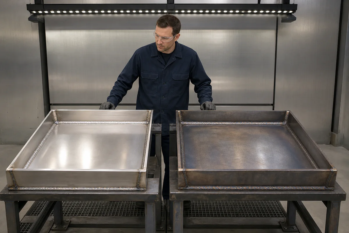 Inspector comparing matching stainless trays with bright and oxidized surface conditions