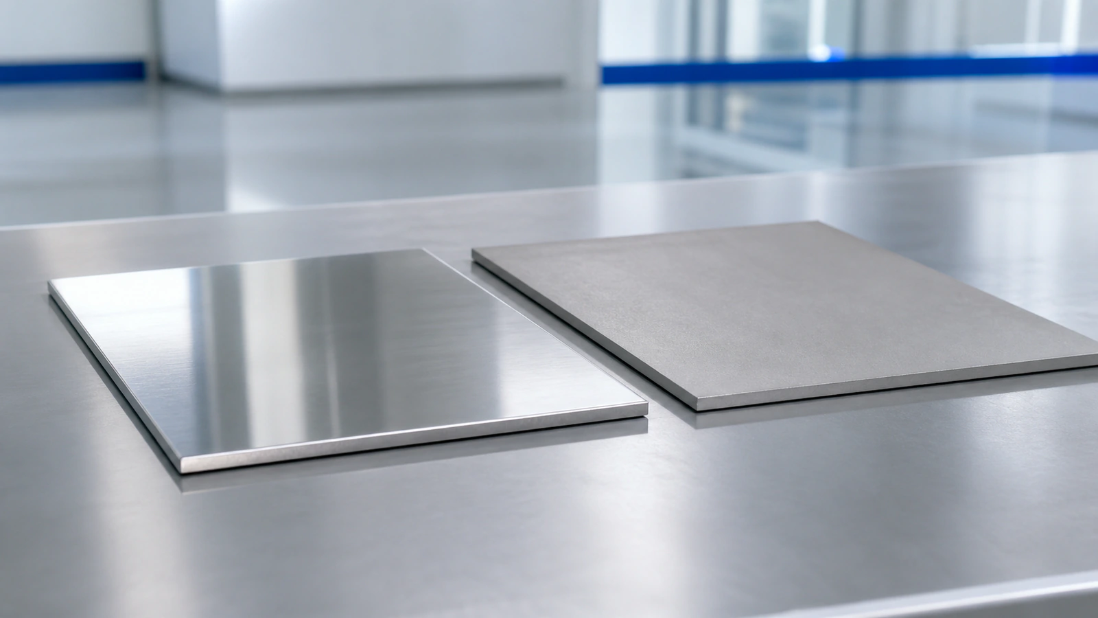 Two unmarked stainless plate samples with different surface finishes on an inspection table