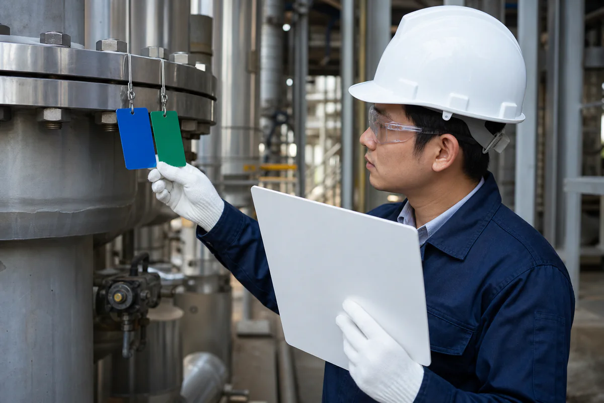 Inspector comparing two colored sample tags on industrial equipment while holding a blank clipboard