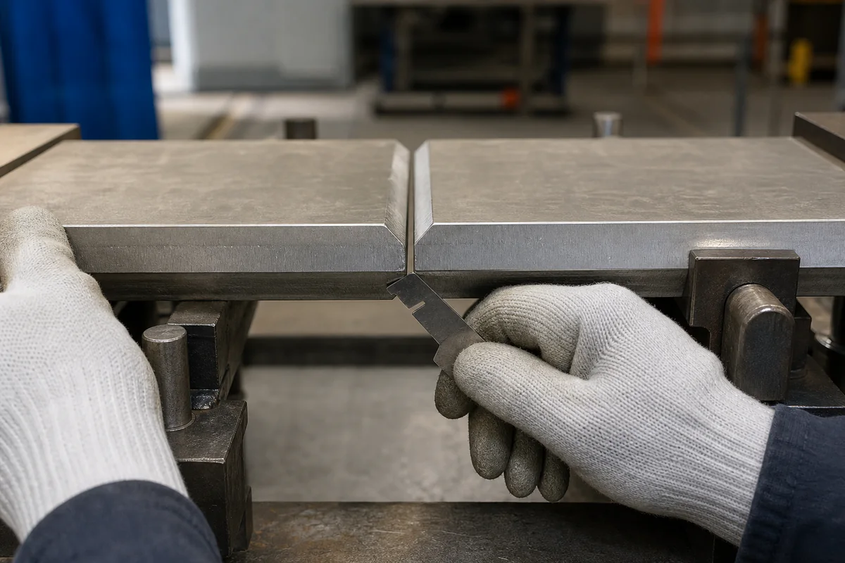Gloved inspector checking the root gap between supported stainless plate edges with a small gauge