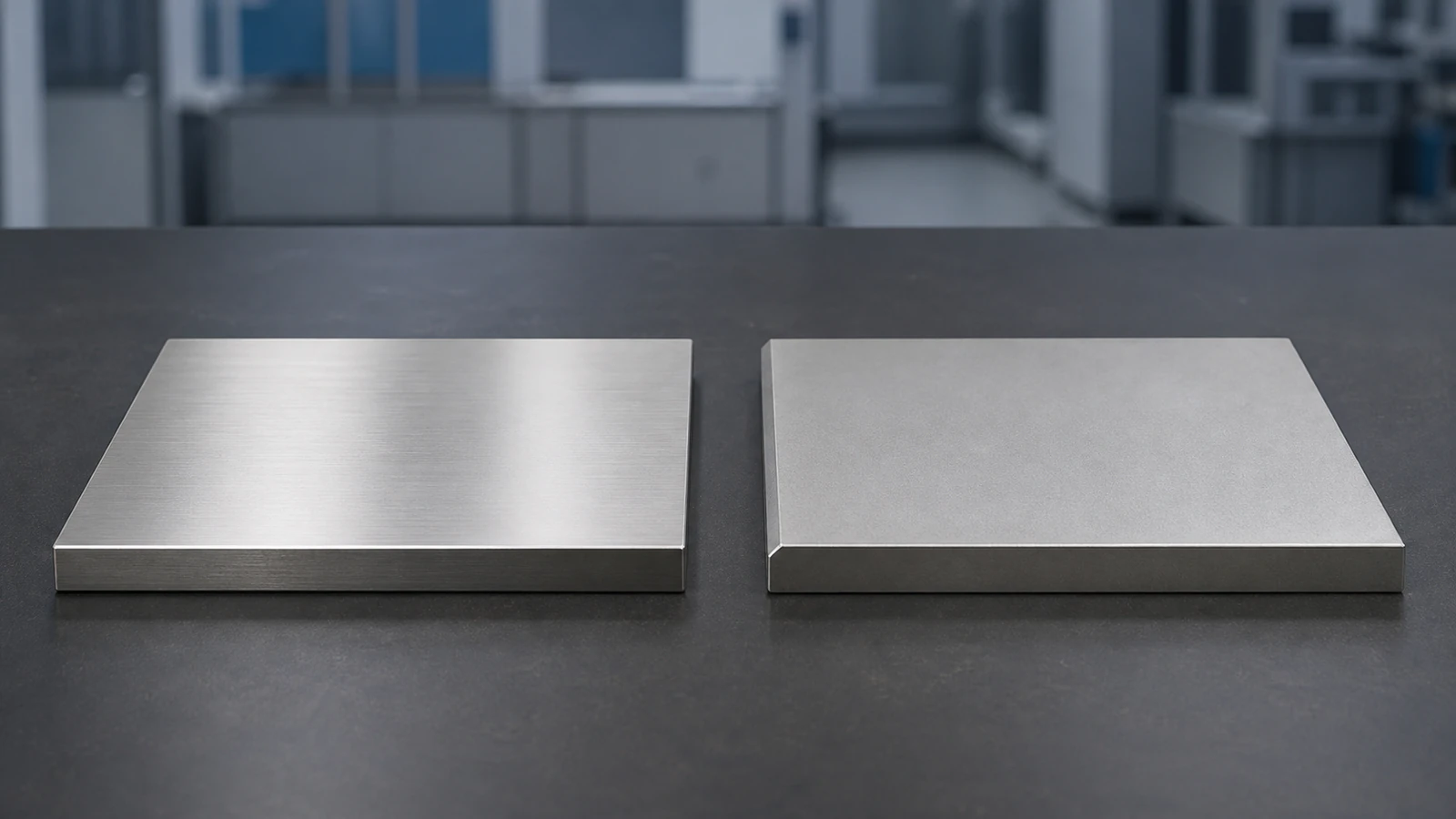 Two clean unmarked stainless plate candidates with different finishes and edge preparations