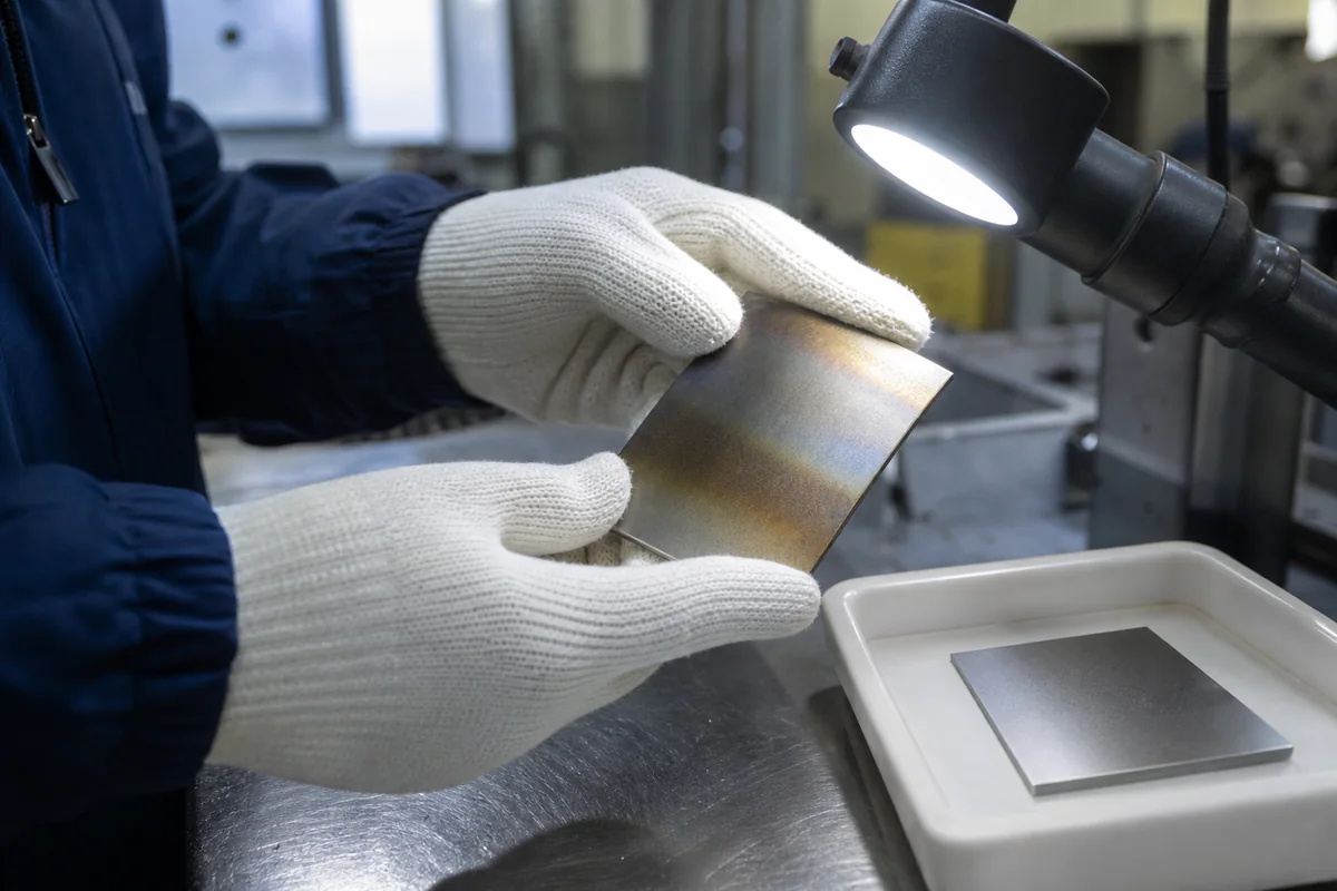 Gloved inspector examining an oxidized stainless coupon under a fixed task light