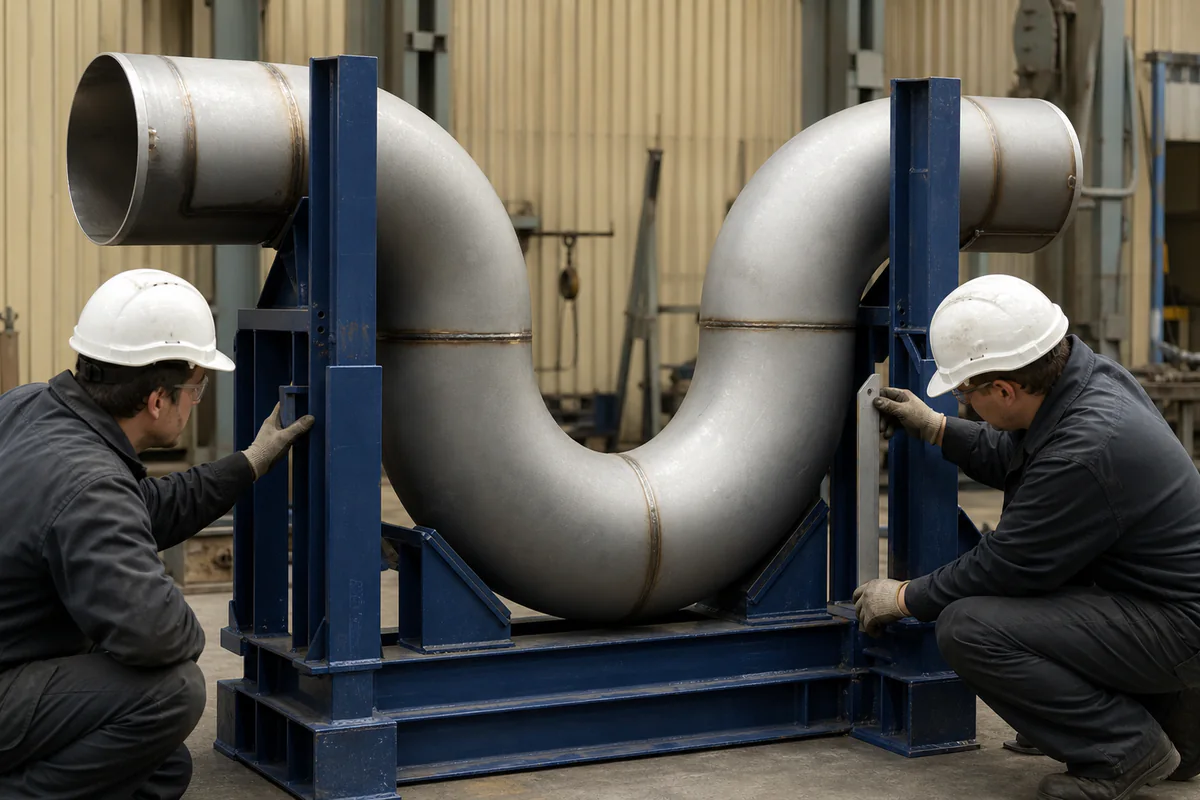Two workers inspecting a large supported U-shaped stainless tube assembly