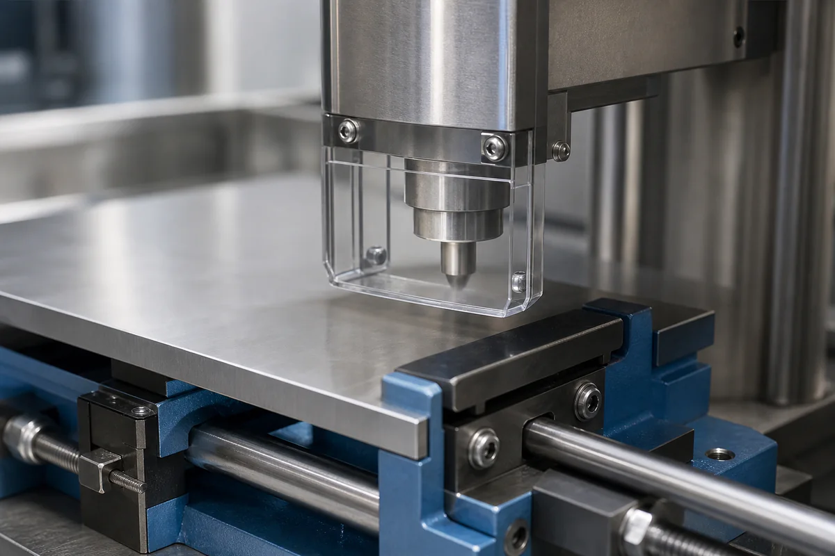 Guarded fixed marking head positioned above a supported stainless plate in a traceability cell