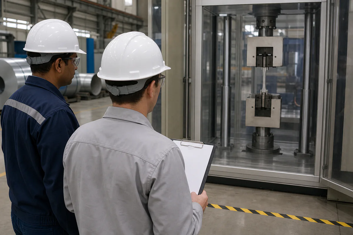 Two quality staff observing a guarded tensile-test machine from a safe position