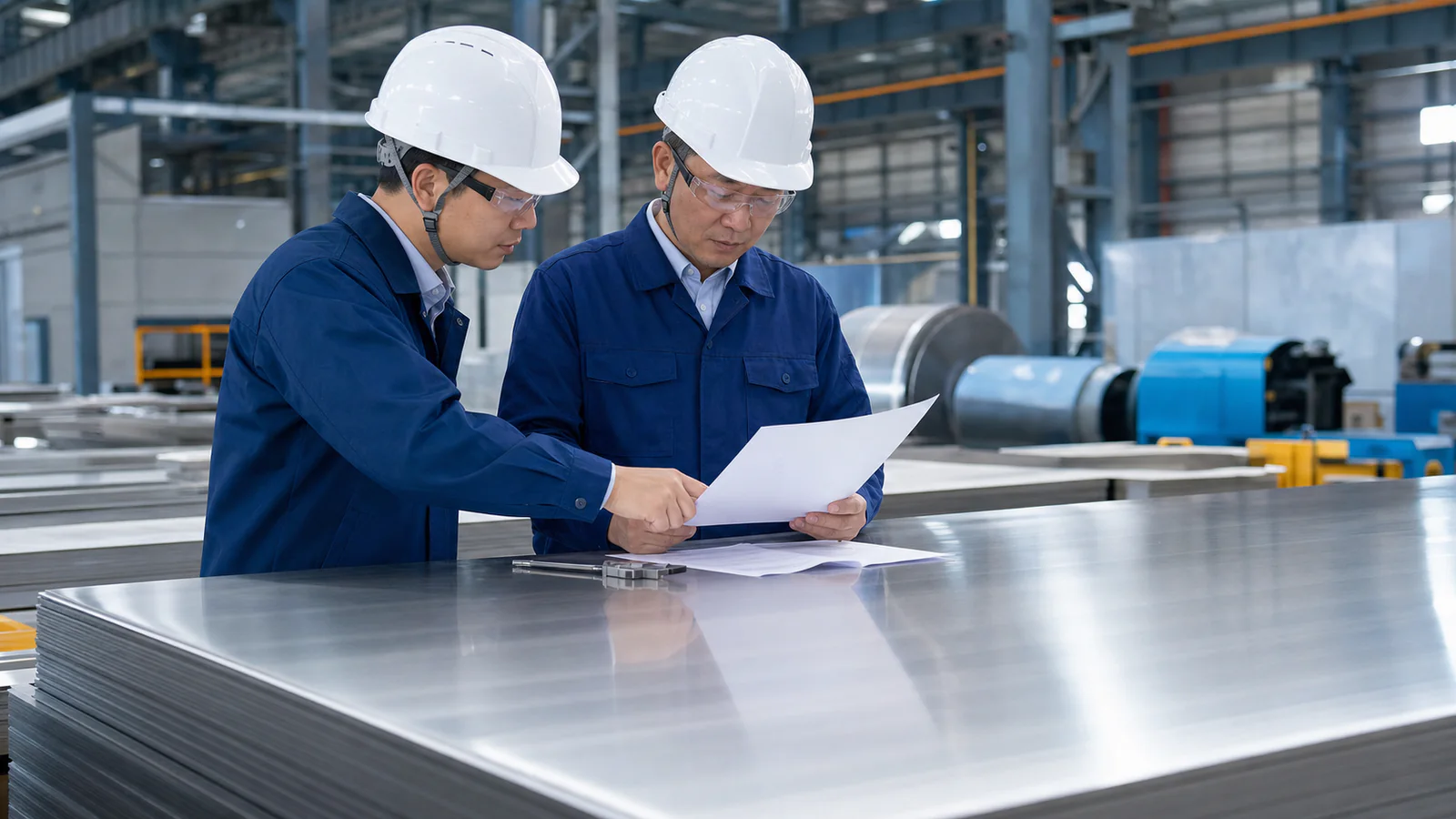 Two quality staff reviewing blank papers beside stacked stainless plate in a mill