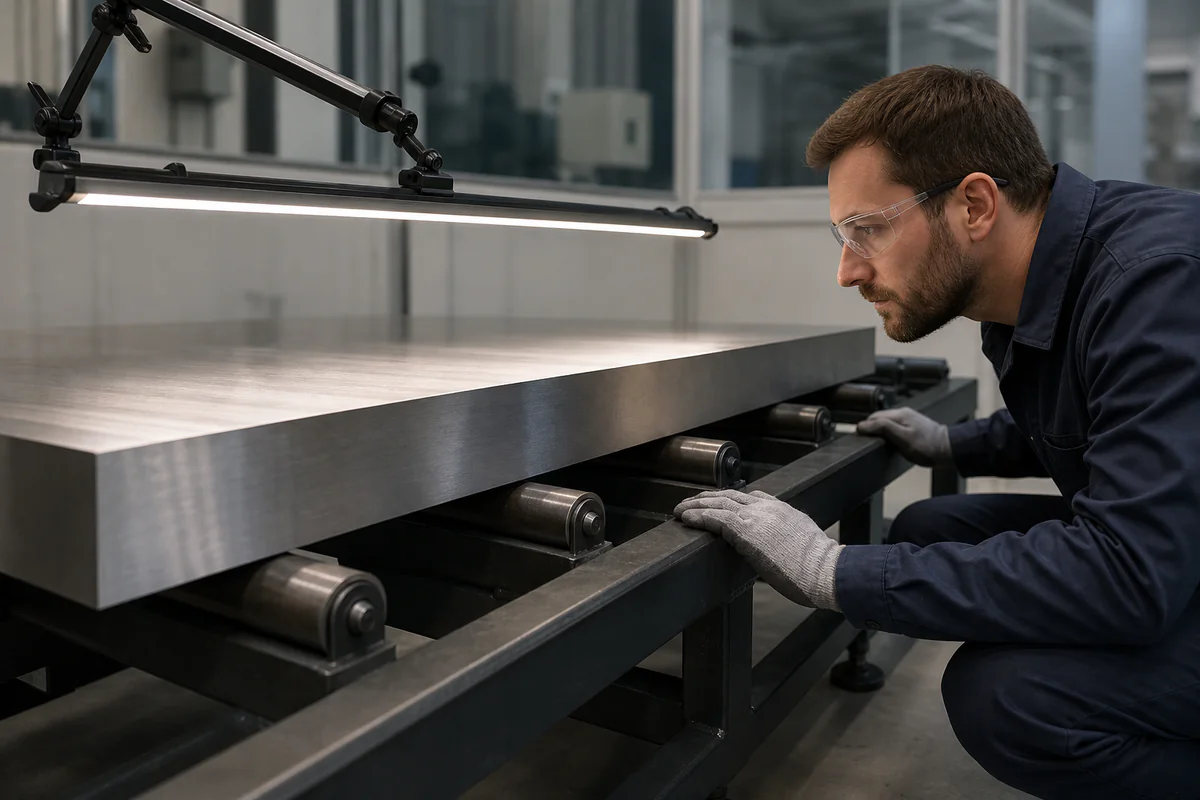 Inspector examining a supported stainless plate edge under a fixed raking light