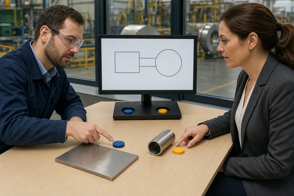 Two reviewers comparing stainless plate and tube samples with colored tokens and a geometric screen