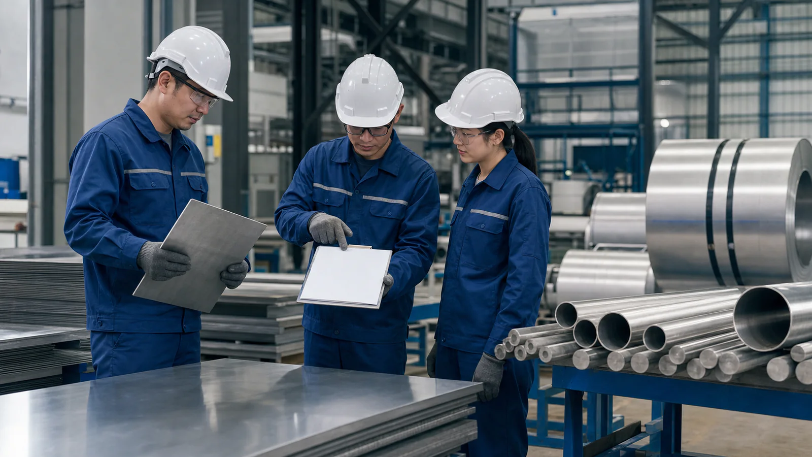 Three quality staff reviewing blank pages beside stainless tube, plate and coil forms