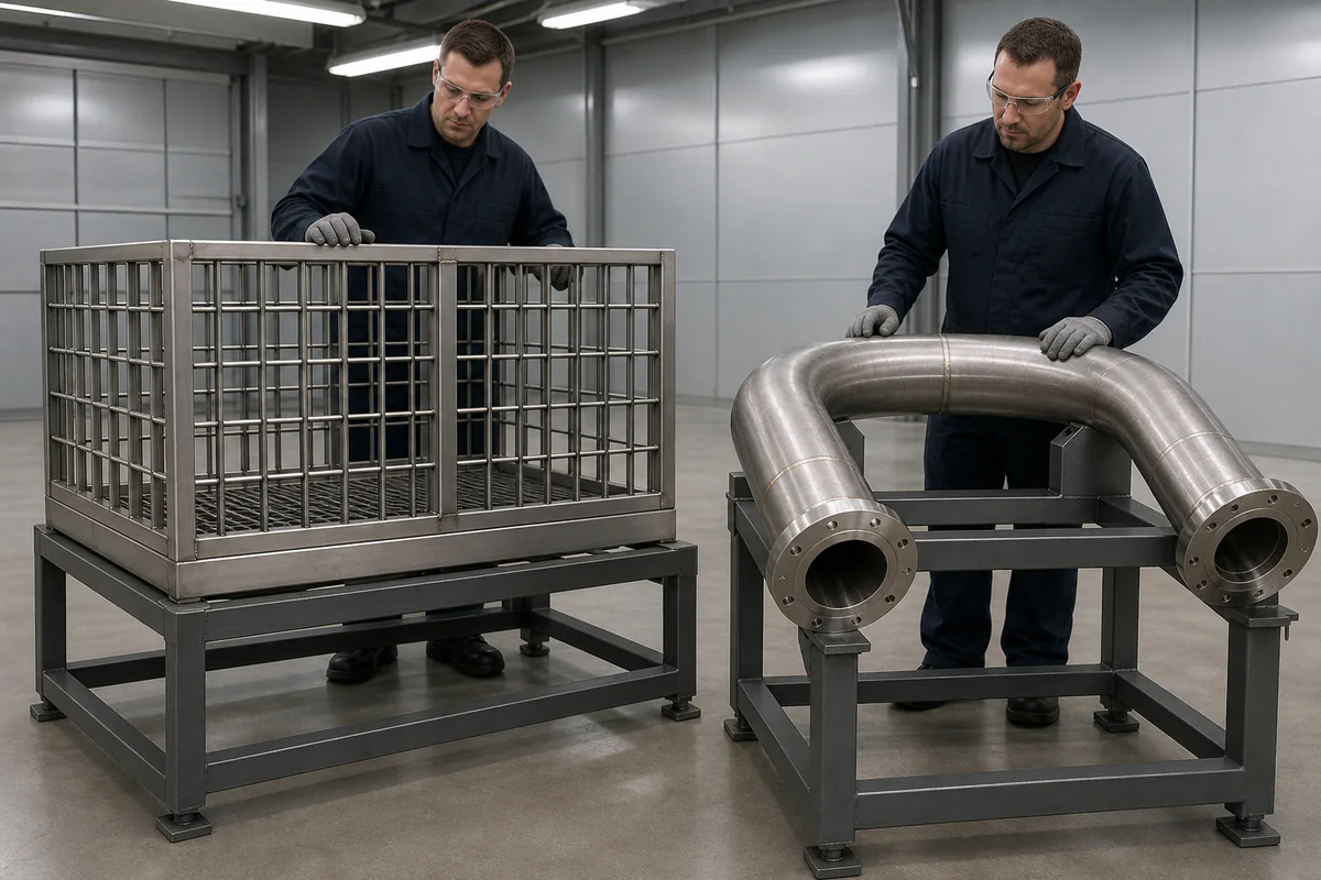 Two engineers inspecting a supported furnace basket and a separate flanged U-shaped radiant tube