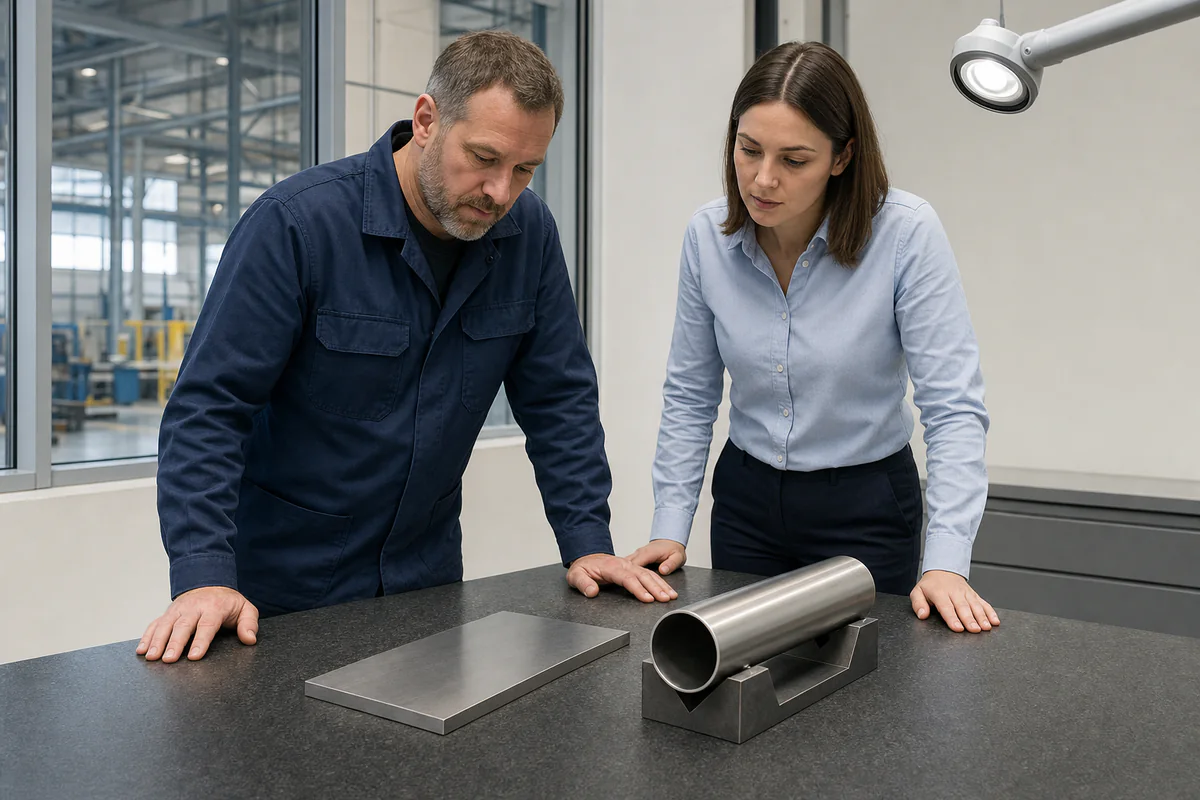Engineer and buyer comparing a flat stainless plate coupon with a round tube sample