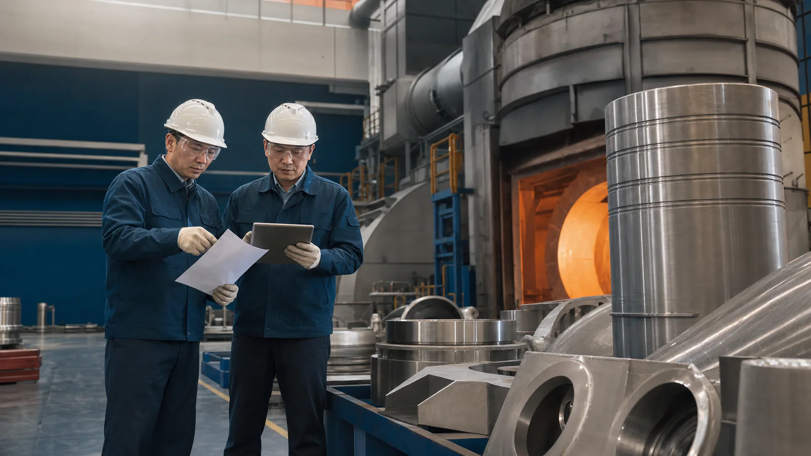 Two engineers reviewing blank papers beside stainless furnace components and an open furnace