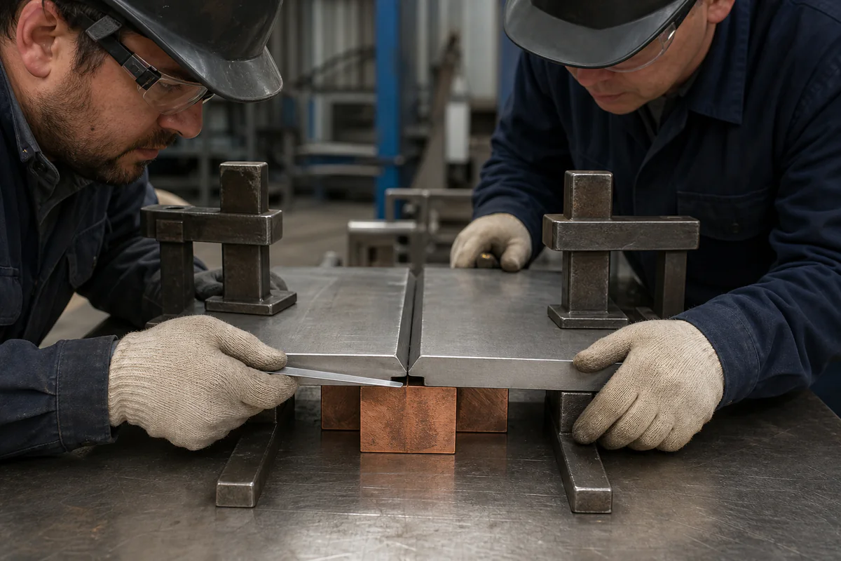 Two fabricators checking the root gap of clamped beveled stainless plates in a rigid fixture