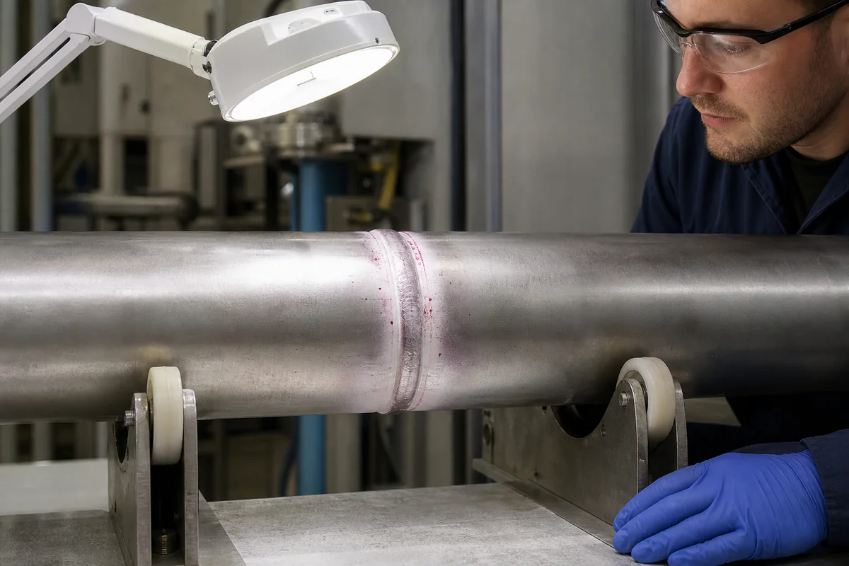 Inspector examining a supported stainless butt weld after color-contrast penetrant testing