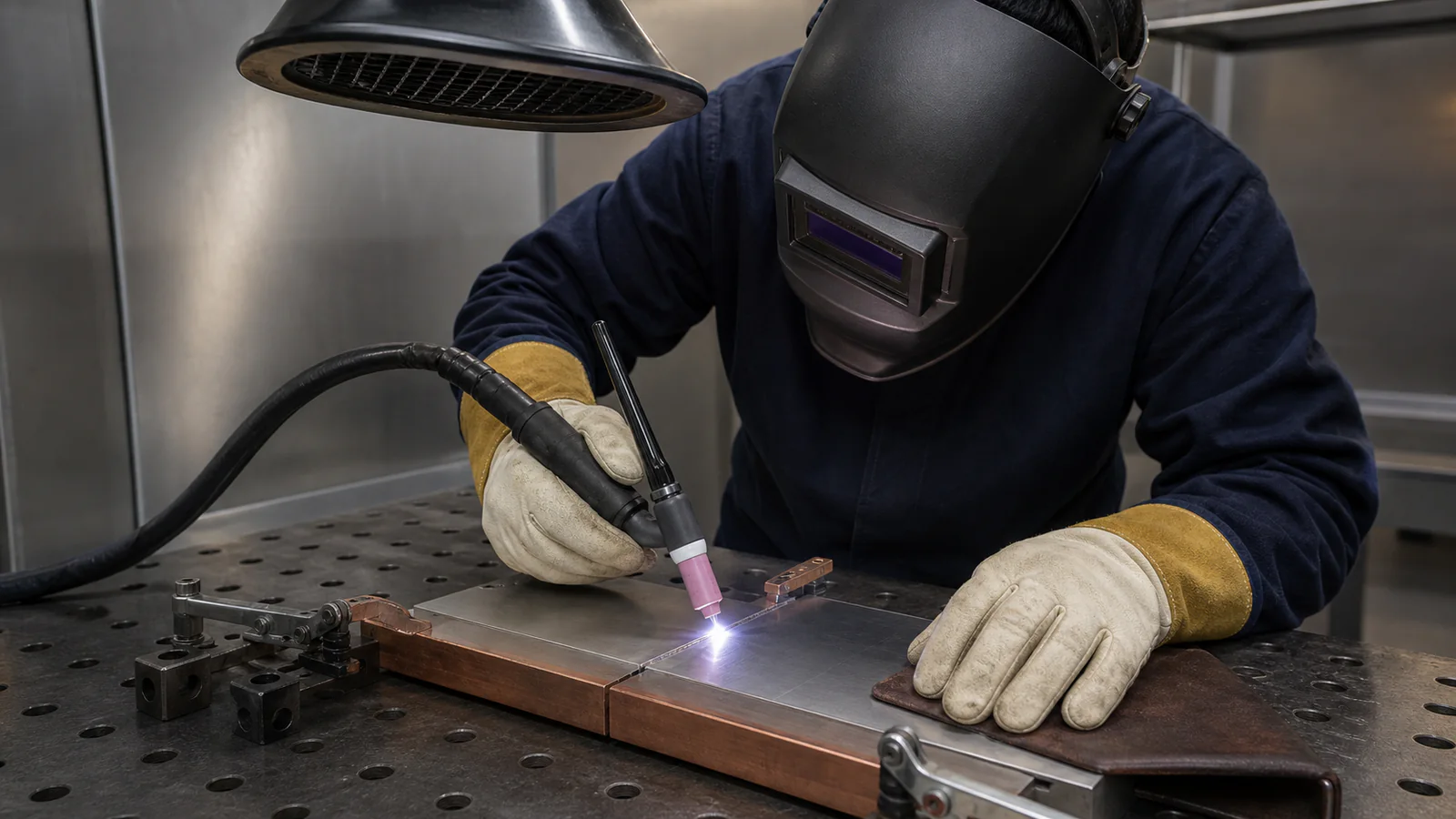 Welder performing controlled autogenous TIG welding on clamped stainless sheet