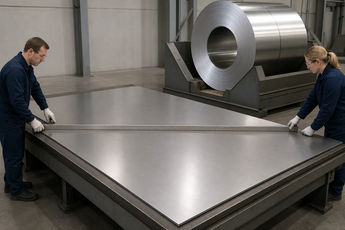 Two inspectors checking the full width of a supported stainless sheet beside a chocked coil