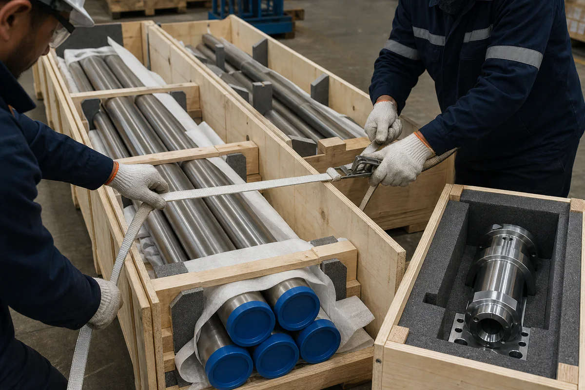 Workers securing stainless tubes and a machined component in fitted timber packing