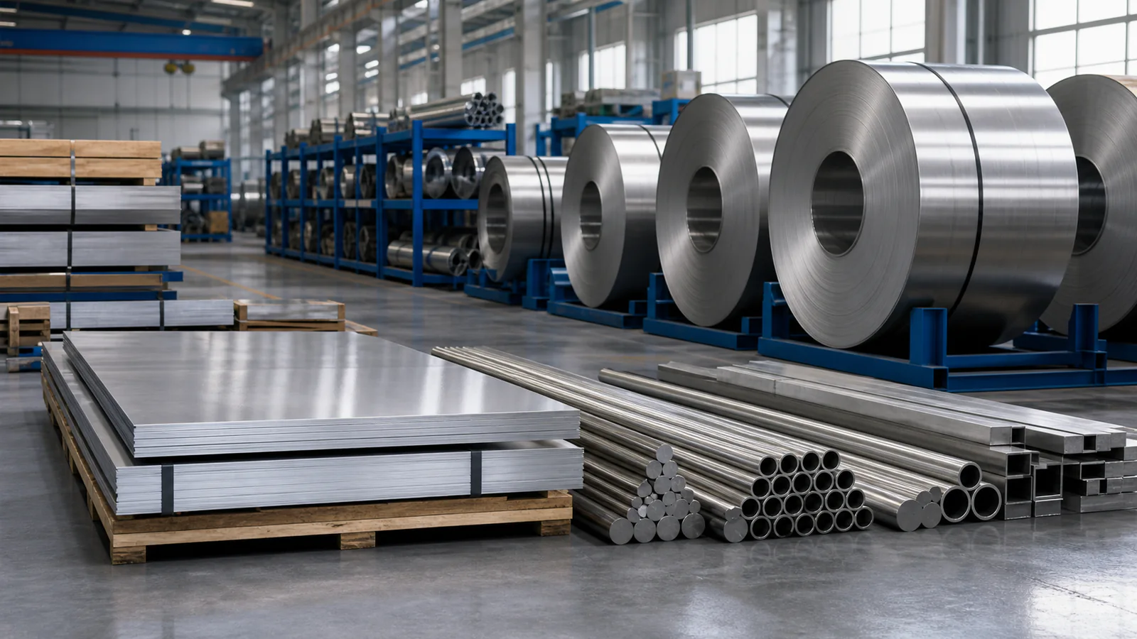Organized stainless coil, plate, sheet, tube and bar products in a clean mill bay