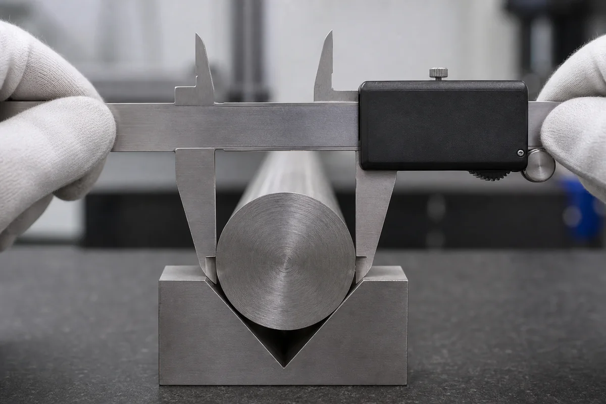Gloved inspector measuring a supported solid stainless round bar with external calipers