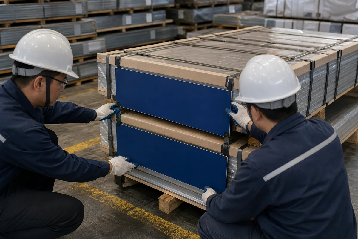 Two workers securing stacked stainless sheets with straps, cardboard edge protection and separate blank blue shipping-mark panels