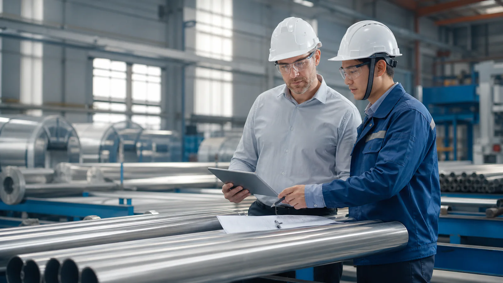 Buyer and sales engineer reviewing blank papers beside stainless tube in a mill