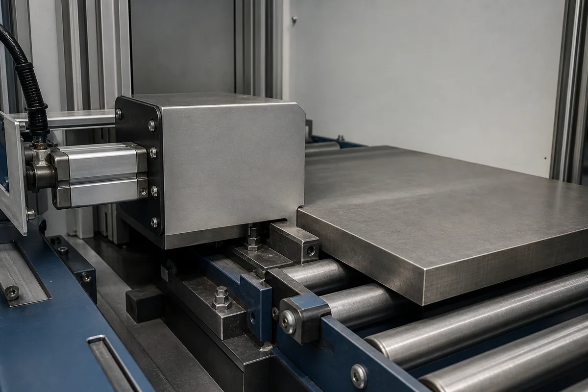 Guarded fixed marking unit aligned with the edge of a supported stainless plate