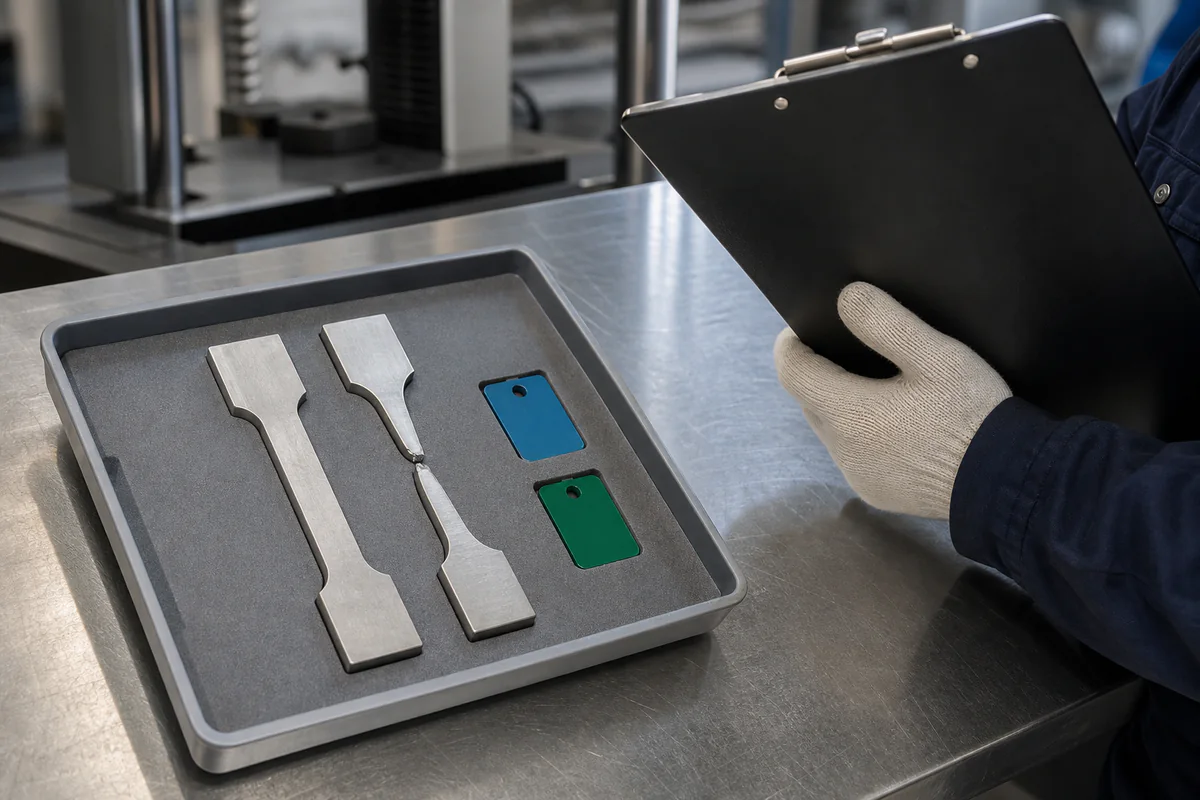 Gloved reviewer checking intact and fractured tensile coupons in a fitted tray with blank colored tags