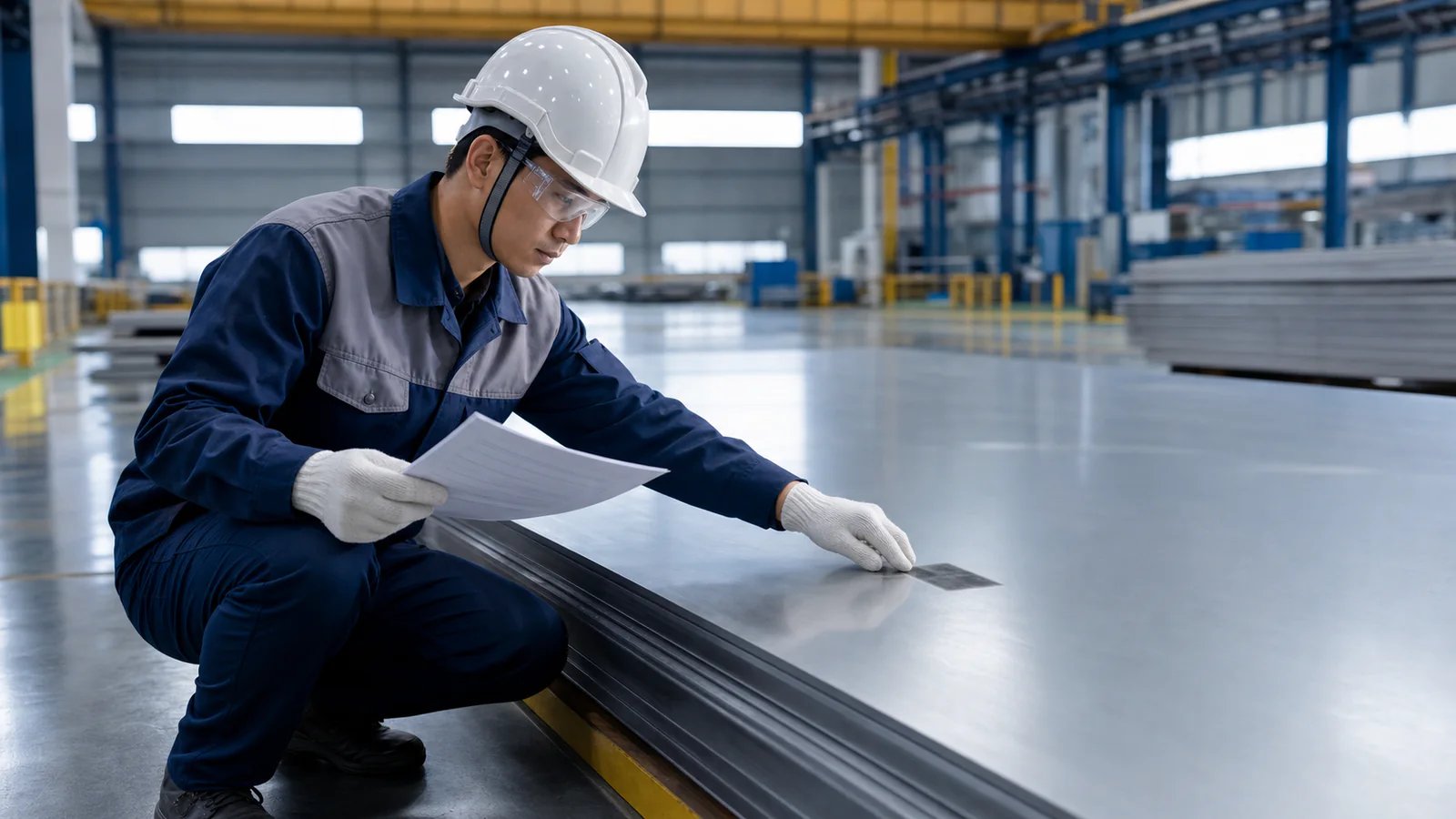 Quality inspector comparing blank pages with the surface of a stainless plate stack