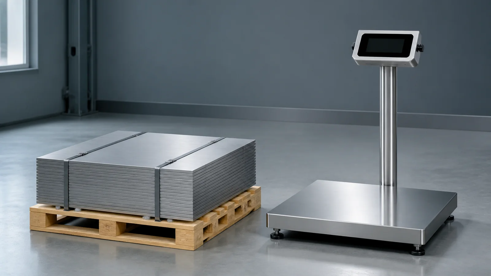 Stacked stainless plates prepared for a pieces-per-ton purchasing estimate