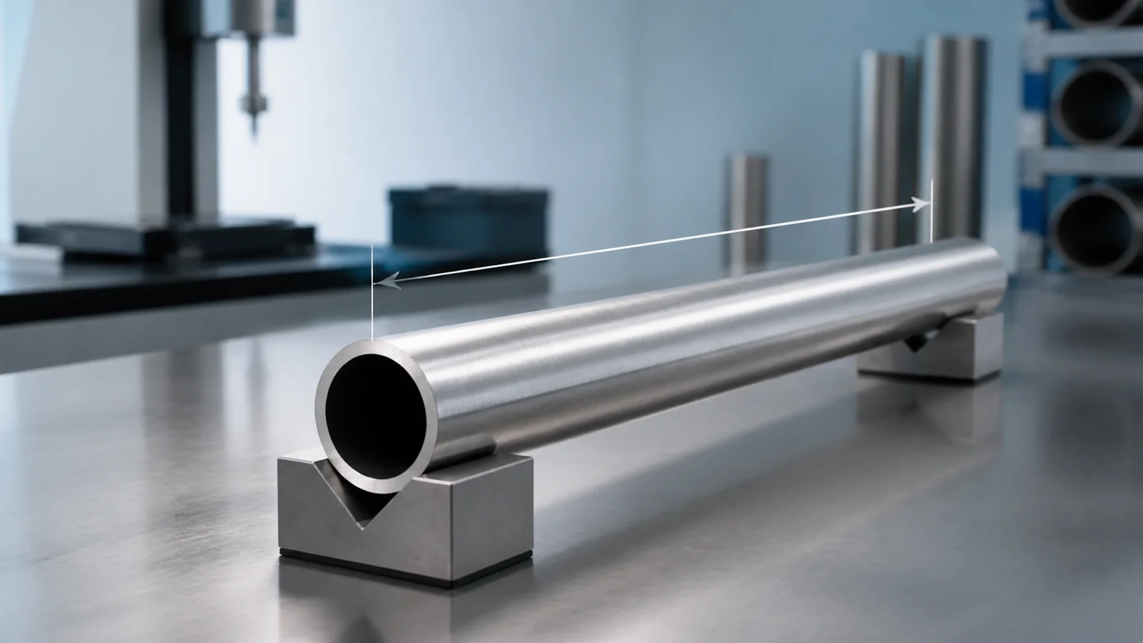 Round stainless pipe section on supports with its wall profile and measured length visible