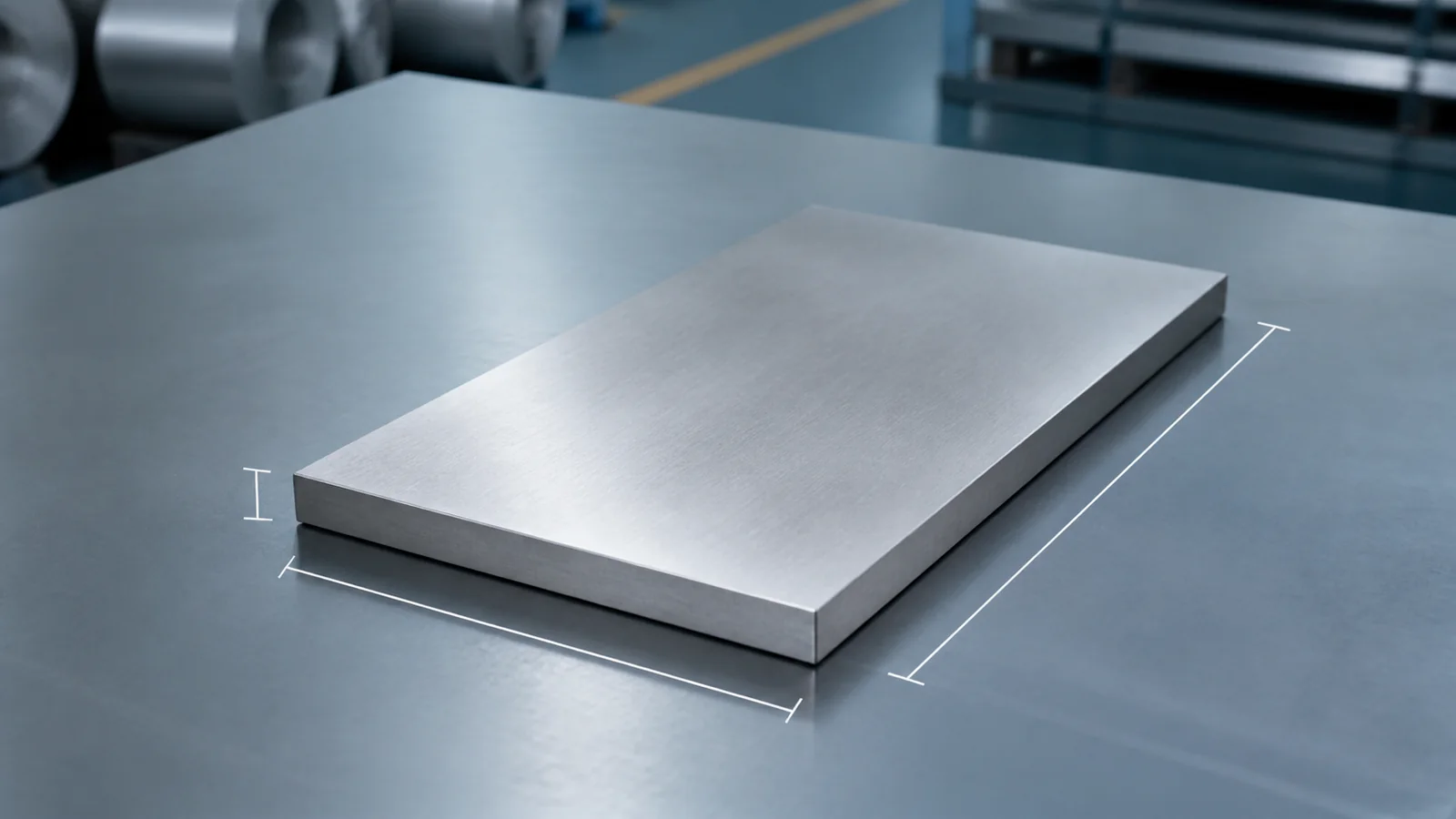 Single brushed stainless plate with open dimension lines for thickness, width, and length
