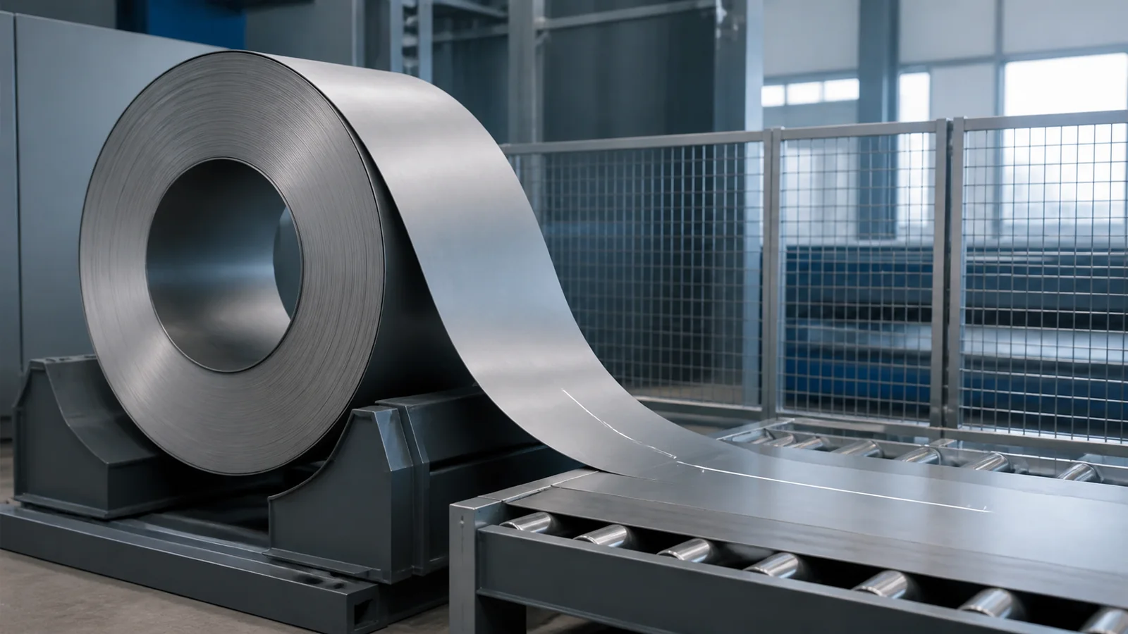 Stainless coil unwinding from its outer layer into a measured flat strip