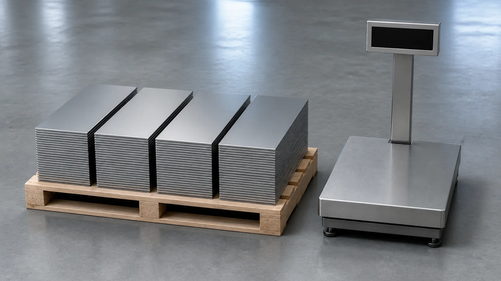 Four equal groups of stainless plates arranged beside an industrial floor scale
