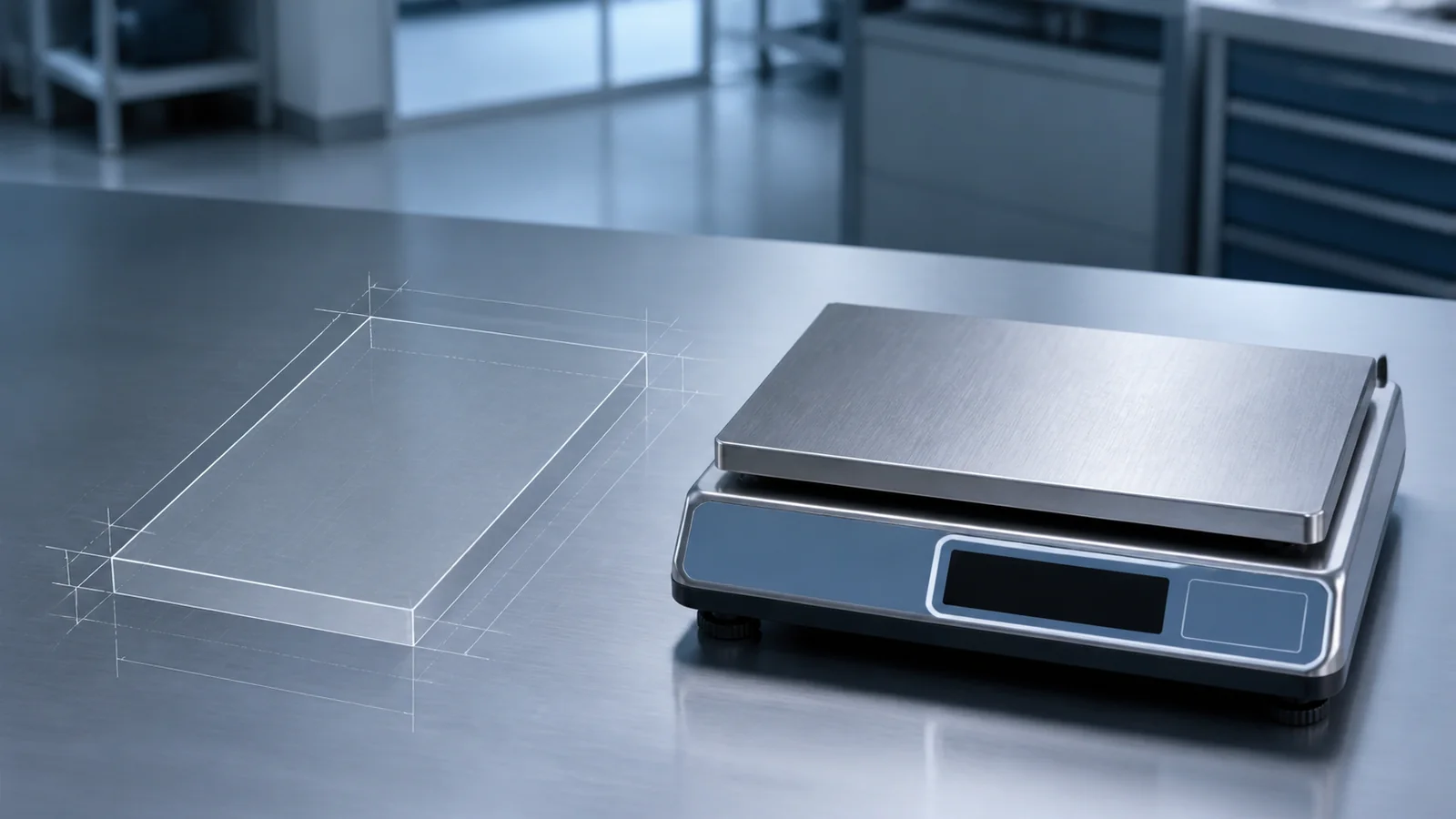 Nominal plate outline compared with a real stainless plate resting on a scale